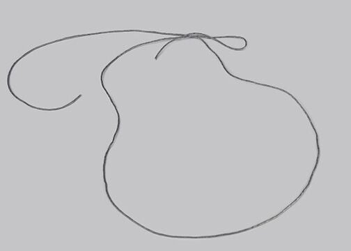 Grey necklace cords cross. The right cord loops back over itself.